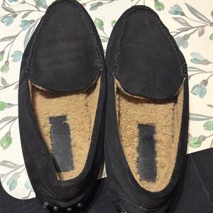 Men's Black Suede Slip-On Loafers with Tan Shearling Lining